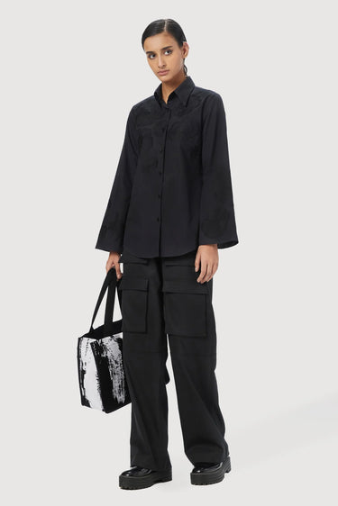 Slim Fit Button Up Shirt With Bell Sleeves And Tone On Tone Floral Thread Embroidery - Genes Lecoanet Hemant
