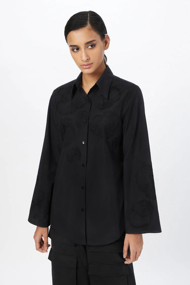 Slim Fit Button Up Shirt With Bell Sleeves And Tone On Tone Floral Thread Embroidery - Genes Lecoanet Hemant
