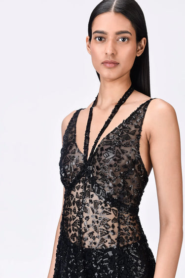 Slim Fit Embroidered Tulle Floor-Length Gown