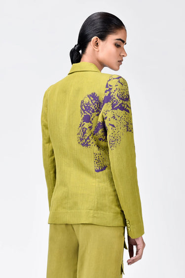 Slim Fit Linen Herringbone Jacket with Orchid Print Bright Olive