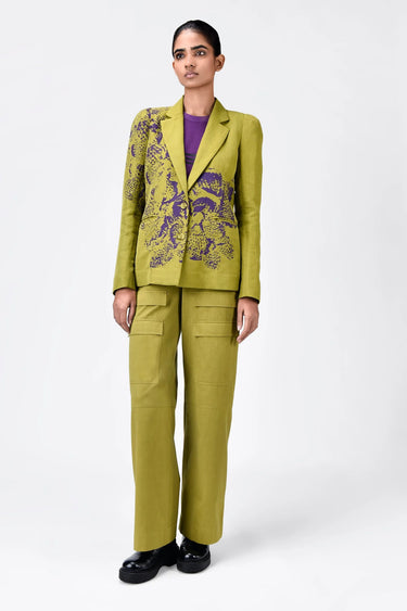 Slim Fit Linen Herringbone Jacket with Orchid Print Bright Olive