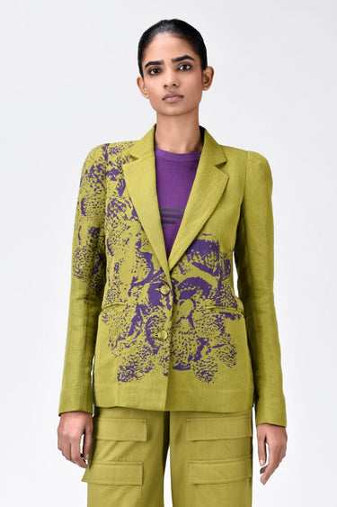 Slim Fit Linen Herringbone Jacket with Orchid Print Bright Olive