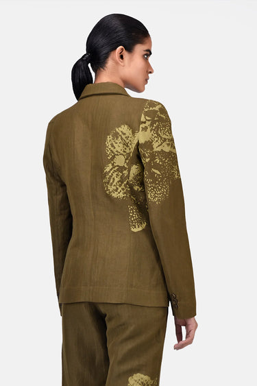 Slim Fit Linen Herringbone Jacket with Orchid Print Bright Olive