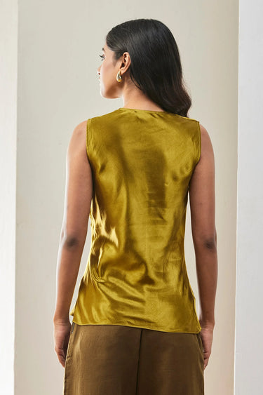 Slim Fit Sleeveless Top with Gather Detail-Bright Olive - Genes Lecoanet Hemant