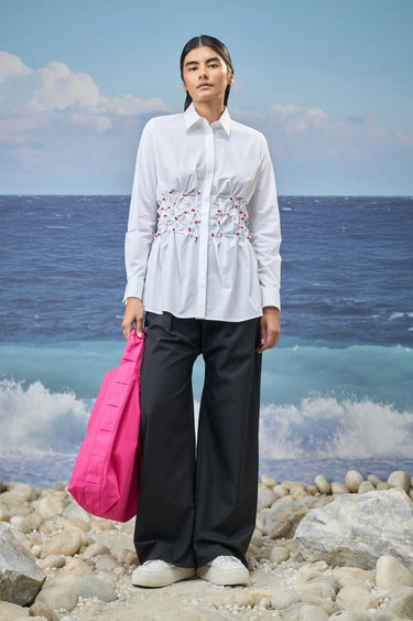 White cotton poplin shirt for women with smocked detailing