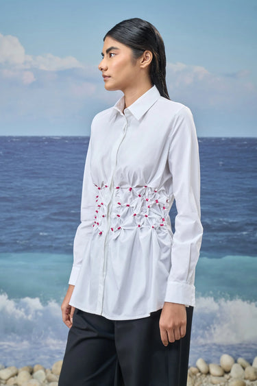 White cotton poplin shirt for women showing breathable crisp fabric texture