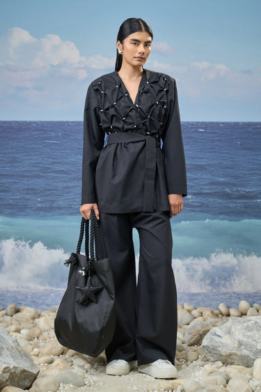 Black cotton linen jacket for women with smocked detailing
