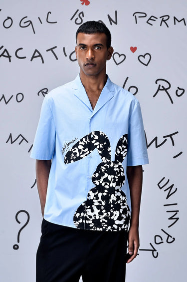 Rabbit Print Cotton Relax Fit Shirt - Light Blue - Genes Online Store
