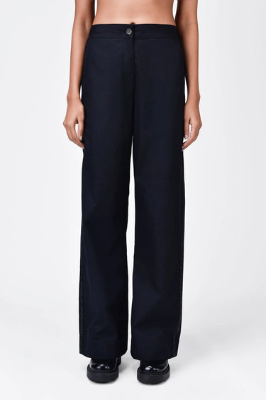 Straight Fit Cotton Poplin Trousers with Bead Embroidered Stripes