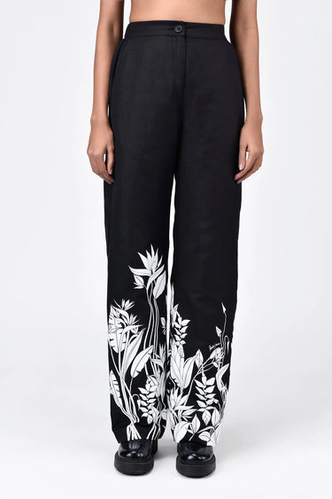 Straight Fit Linen Herringbone Trousers with Tropical Print Black