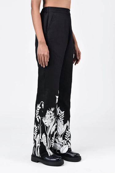 Straight Fit Linen Herringbone Trousers with Tropical Print Black