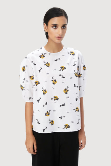 Straight Fit Round Neck Top with Voluminous Sleeves - Genes Lecoanet Hemant