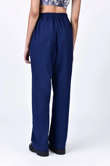 Straight Fit Trousers with Elasticated Back Waistband - Navy Blue - Genes Lecoanet Hemant