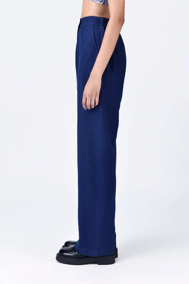 Straight Fit Trousers with Elasticated Back Waistband - Navy Blue - Genes Lecoanet Hemant