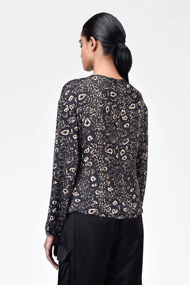 Straight Fit Viscose Satin Top with Twisted Knot and Animal Print