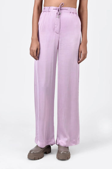 Straight Fit Viscose Satin Trousers with Elastic Waist and Drawstrings