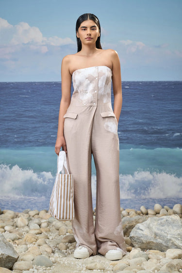 Premium viscose nylon strapless jumpsuit for women with abstract tie-dye print