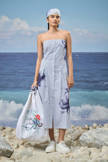 Premium cotton pinstripe strapless midi dress for women with structured design