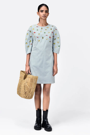 Striped Cotton Dress With Embroidered Fruit Motifs - Genes Lecoanet Hemant