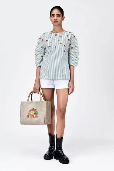 Striped Cotton Top with Puff Sleeves - Genes Lecoanet Hemant