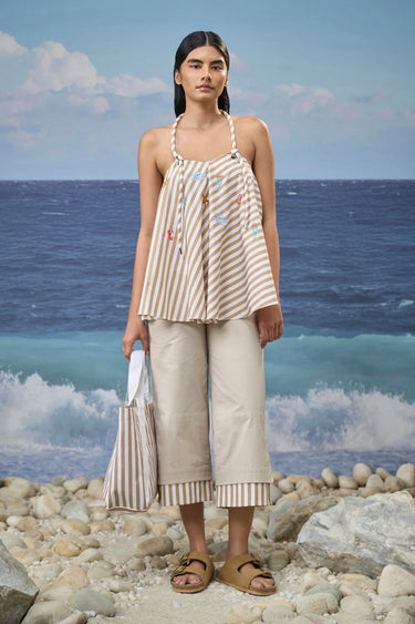 Striped Halter-Neck Top in Cotton Bold Stripe – Beige