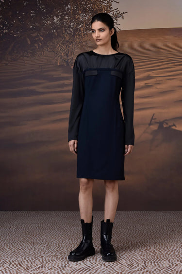Women navy designer shift dress with modern silhouette, luxury fashion India