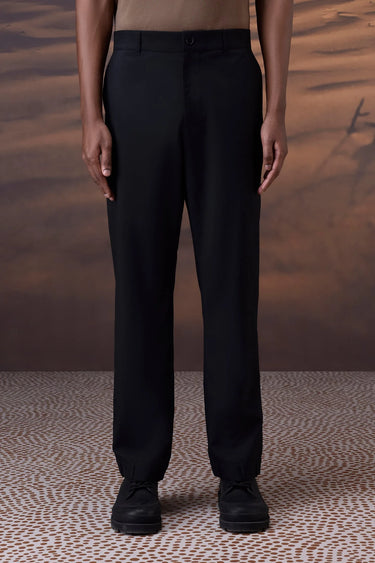 Black tailored poly wool trousers for men with structured slim fit