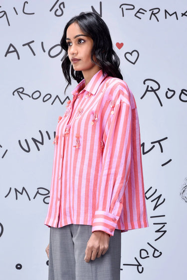 Coral cotton shirt with intricate embroidery design