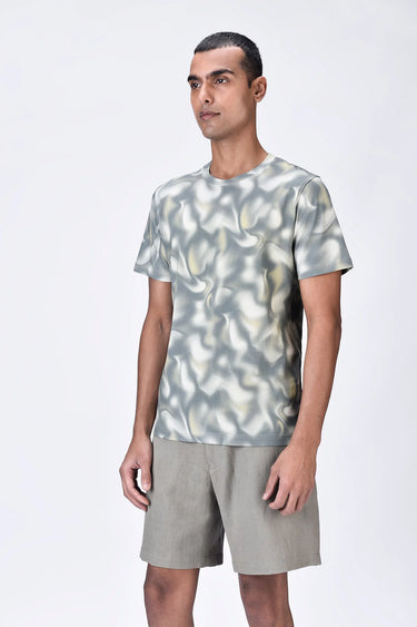 Taupe-Clay Cotton Jersey Regular Fit T-Shirt with Aurora Print