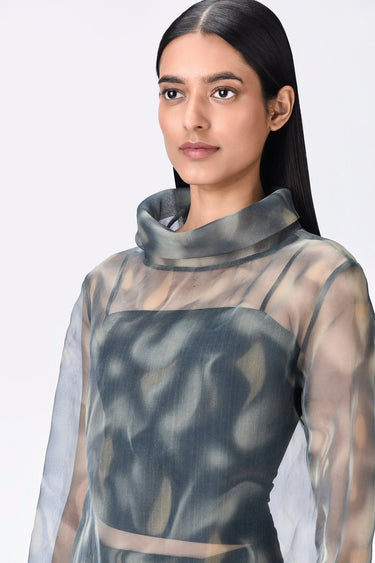 Taupe-Clay Poly Organza Relaxed Fit Turtle Neck Top - Genes Lecoanet Hemant