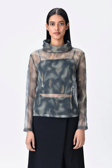 Taupe-Clay Poly Organza Relaxed Fit Turtle Neck Top - Genes Lecoanet Hemant