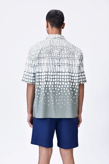 Taupe Easy Fit Cuban Collar Shirt with Cell Degrade Print - Genes Lecoanet Hemant