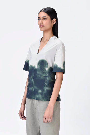 Taupe Giza Cotton Poplin Semi-Fitted A-Line Top with UV Print
