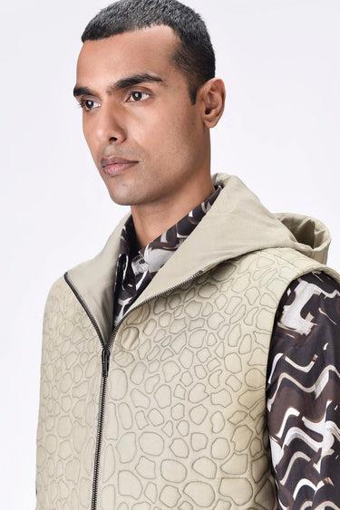 Taupe Silk Sleeveless Hoodie Jacket