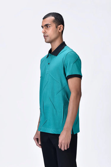 Teal Green Cotton Pique Regular Fit Polo with Dart Details