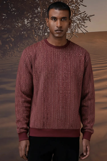 Men red textured sweatshirt with ribbed design, luxury designer casual wear India