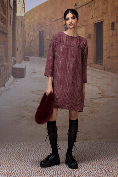 Cherry lacquer textured yoke dress for women by Genes Lecoanet Hemant India