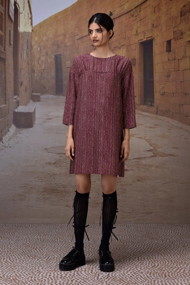 Women red textured yoke dress with modern silhouette, luxury fashion India