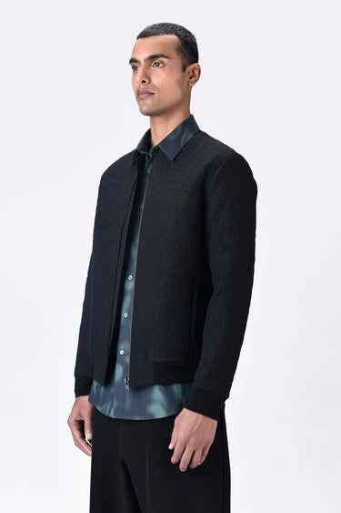 Textured Silk Voile Bomber Jacket - Black