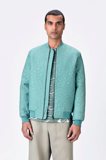 Textured Silk Voile Bomber Jacket - Blue
