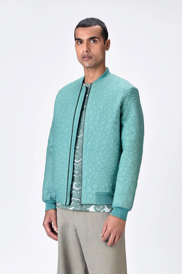Textured Silk Voile Bomber Jacket - Blue