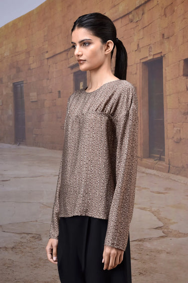 Warm beige top women India with yoke gather detail and soft drape