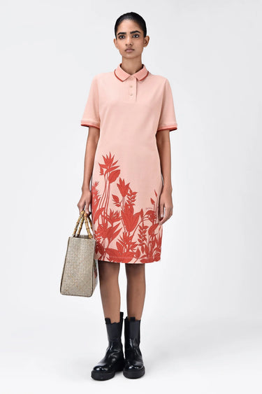 Tropical Print Polo Dress with Contrast Tipping-Light Peach - Genes Lecoanet Hemant