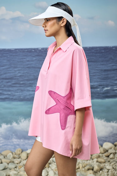 Blush pink cotton poplin women’s shirt with star appliqué detailing