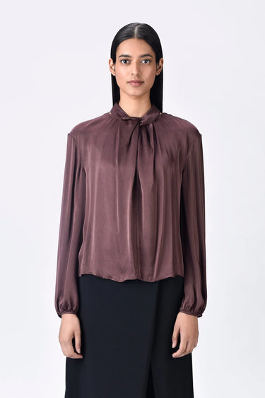 Viscose Satin Regular Fit Draped Top with Band Collar - Genes Lecoanet Hemant