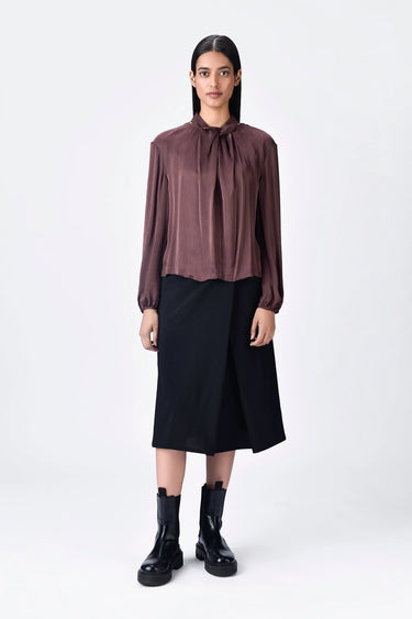 Viscose Satin Regular Fit Draped Top with Band Collar - Genes Lecoanet Hemant