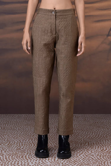 Warm beige embroidered cotton voile trousers for women by Genes Lecoanet Hemant India