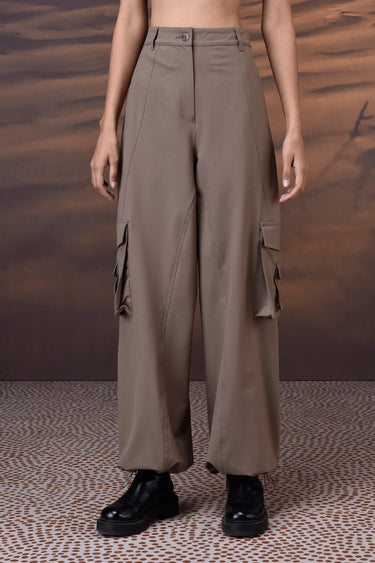 Warm Beige Poly Viscose Wide-Leg Cargo Trousers - Genes Online Store
