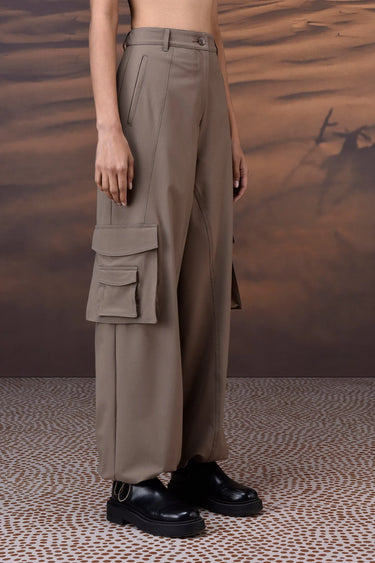 Warm Beige Poly Viscose Wide-Leg Cargo Trousers - Genes Online Store