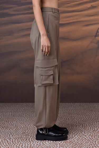 Warm Beige Poly Viscose Wide-Leg Cargo Trousers - Genes Online Store